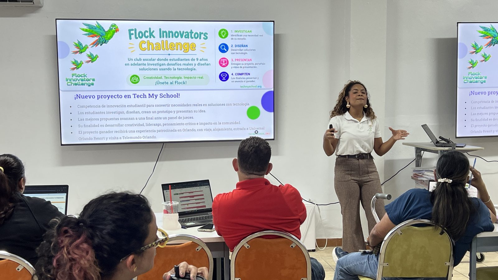 A TMS facilitator presenting the Flock Innovators Challenge to teachers