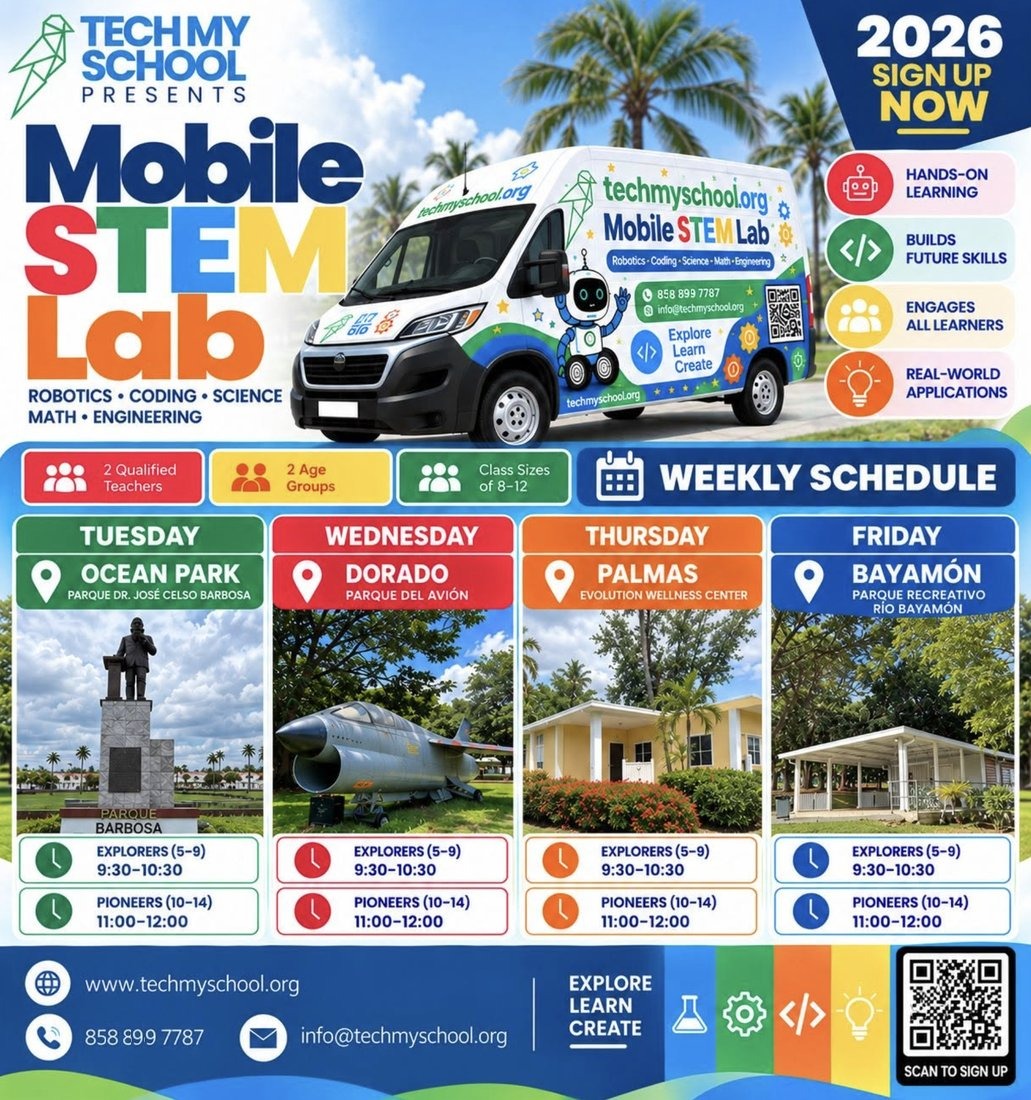 Mobile STEM Lab 2026 flyer with weekly schedule